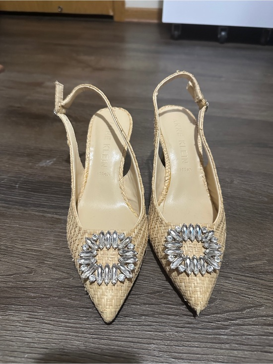 Anne Klein Shoes - Anne Klein Natural Woven Slingback Mules with Crystal Medallion